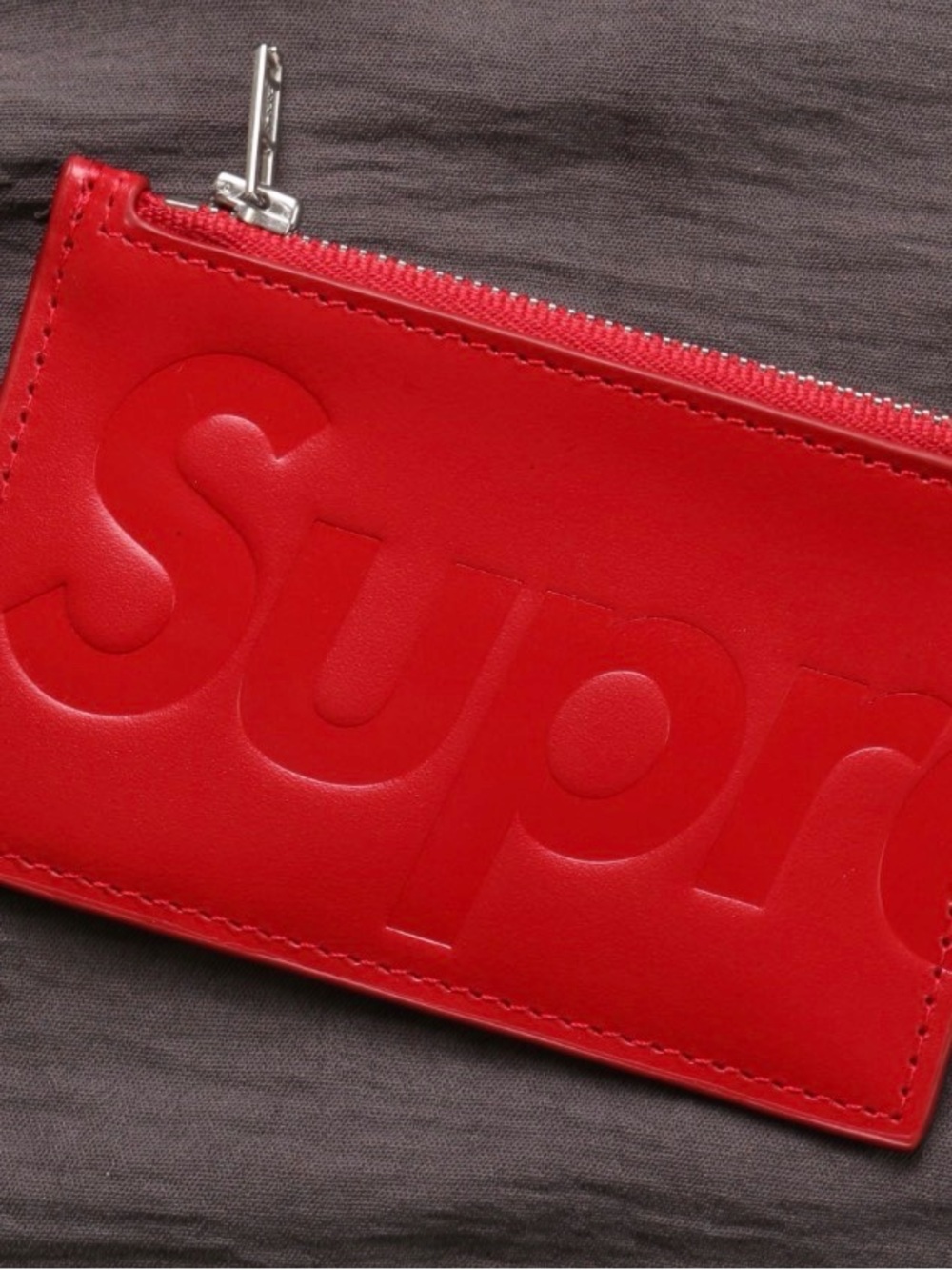 Supreme Red Embossed Leather Zip Card Sleeve with Silver Hardware